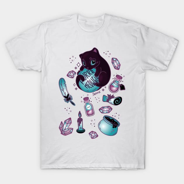 Purr meowgic white magic black cat T-Shirt by SPIRIMAL